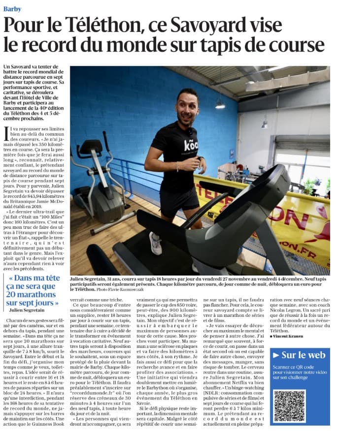 Article du Dauphiné Libéré consacré à la tentative de record du monde de Julien Segretain
